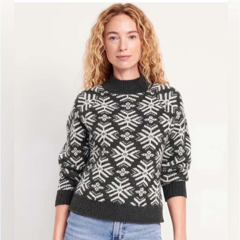 Gray Fair Isle Snowflake Mock Neck Wool Blend Sweater XS New nordic fisherman